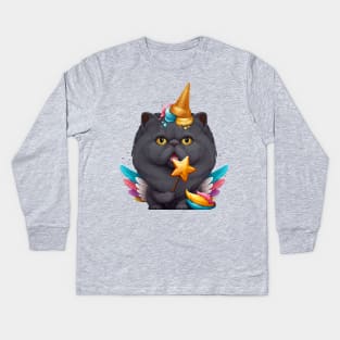 Black Persian Cat Ice Cream Unicorn Kids Long Sleeve T-Shirt